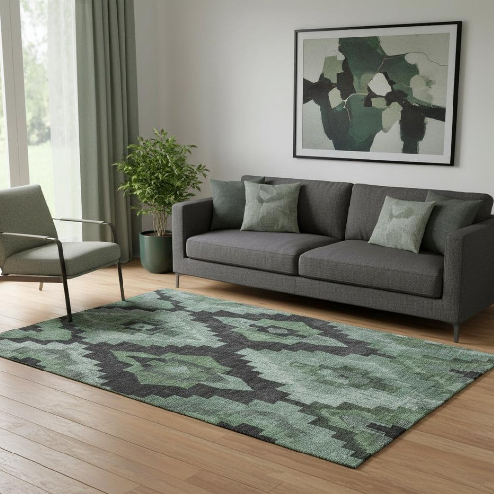 HomeRoots 8' Stylish Green & Gray Ikat Washable Round Rug with UV Protection & Stain Resistance for Easy Care 707218