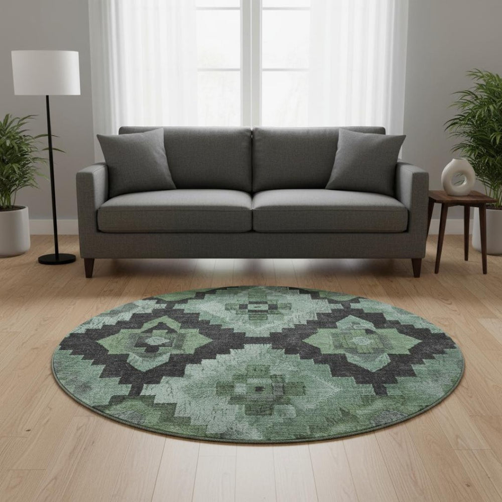HomeRoots 8' X 10' Ikat Washable Area Rug in Green and Gray - Stain Resistant, UV Protected, Durable Design 707219