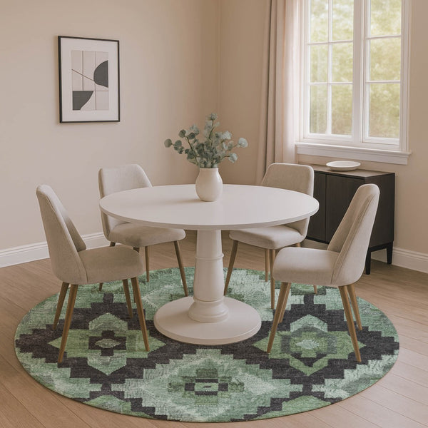 HomeRoots 8' X 10' Ikat Washable Area Rug in Green and Gray - Stain Resistant, UV Protected, Durable Design 707219