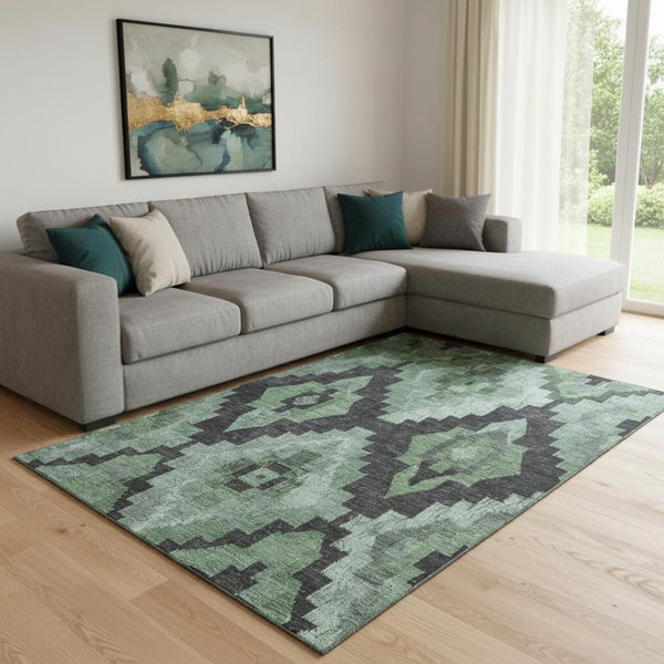 HomeRoots 9' X 12' Ikat Area Rug in Green and Gray – Stylish, Washable, UV-Protected for Modern Homes! 707220