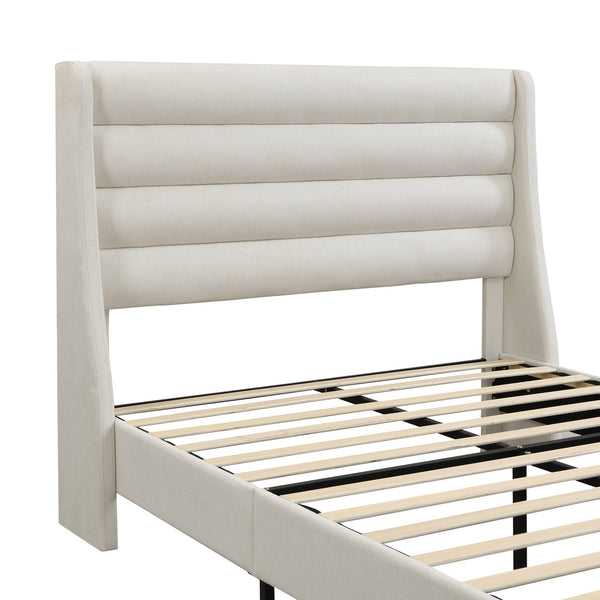 English Elm Queen Chenille Platform Bed with Wave Headboard, Noise-Free EVA Foam, Solid Wood, Ivory Finish W1716P362409