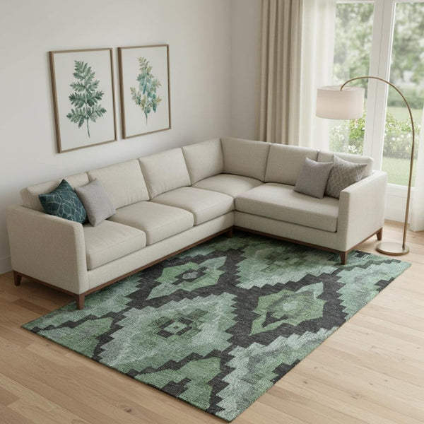 HomeRoots 10' X 14' Ikat Area Rug in Green & Gray - Washable, UV Protected, Durable, Perfect for Busy Homes! 707221