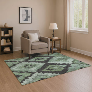 HomeRoots 10' X 14' Ikat Area Rug in Green & Gray - Washable, UV Protected, Durable, Perfect for Busy Homes! 707221