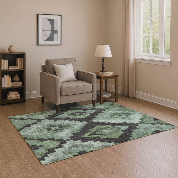 HomeRoots 10' X 14' Ikat Area Rug in Green & Gray - Washable, UV Protected, Durable, Perfect for Busy Homes! 707221