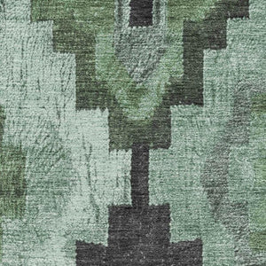 HomeRoots 10' X 14' Ikat Area Rug in Green & Gray - Washable, UV Protected, Durable, Perfect for Busy Homes! 707221