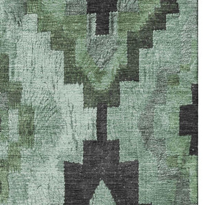 HomeRoots 10' X 14' Ikat Area Rug in Green & Gray - Washable, UV Protected, Durable, Perfect for Busy Homes! 707221