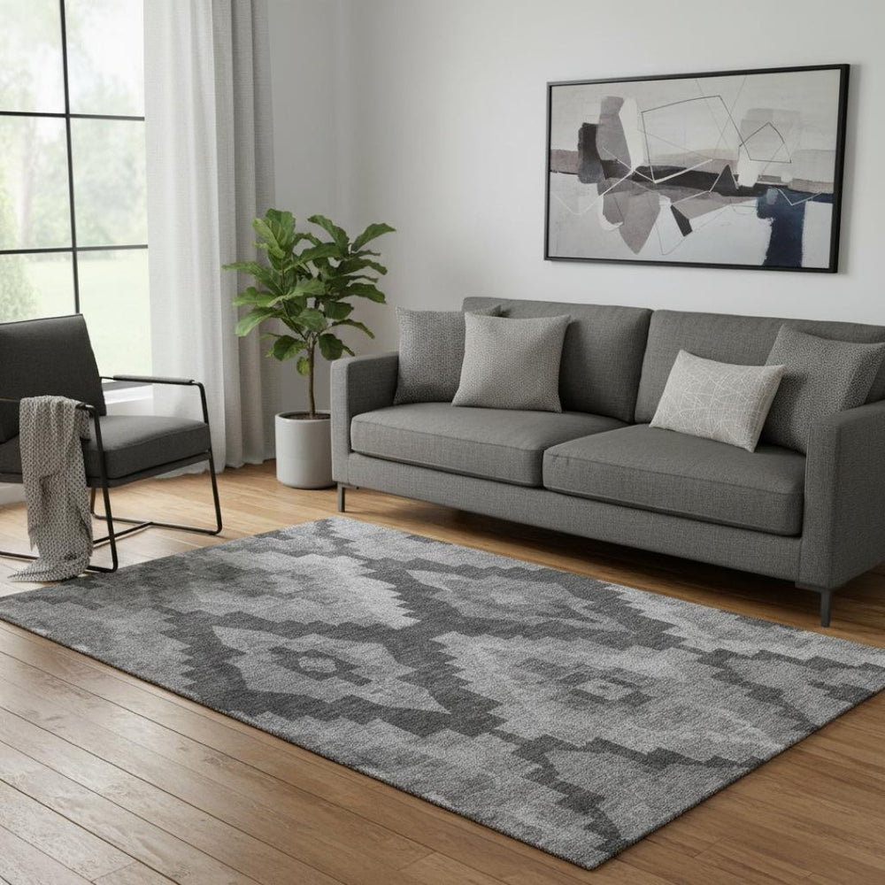 HomeRoots 8' Gray and Silver Ikat Washable Round Rug - Durable, UV-Protected, Non-Slip for Busy Homes 707224