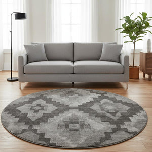 HomeRoots 8' X 10' Gray and Silver Ikat Washable Area Rug - Durable, Stylish, UV Protection for Busy Homes! 707225