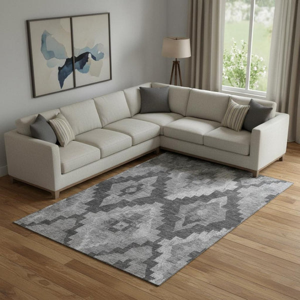 HomeRoots 10' Gray and Silver Ikat Area Rug – Washable, UV-Protected, Soft Polyester for Stylish Living Spaces 707227