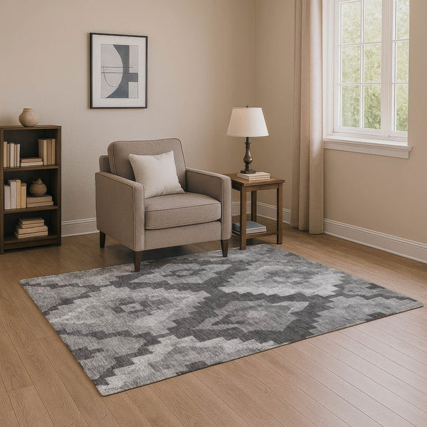 HomeRoots 10' Gray and Silver Ikat Area Rug – Washable, UV-Protected, Soft Polyester for Stylish Living Spaces 707227