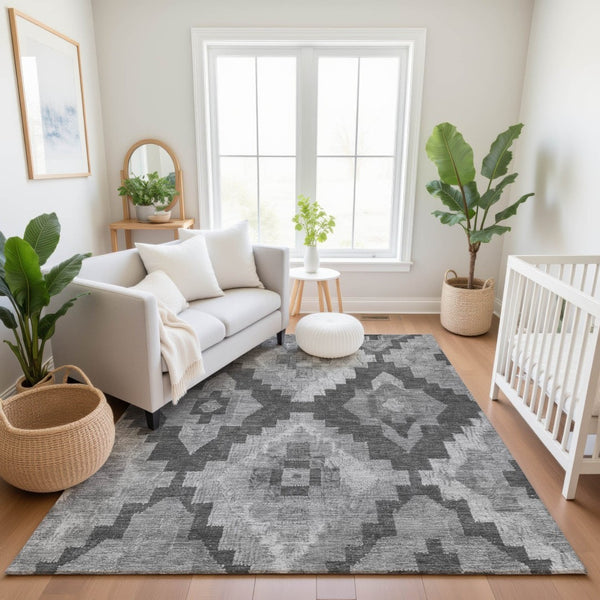 HomeRoots 10' Gray and Silver Ikat Area Rug – Washable, UV-Protected, Soft Polyester for Stylish Living Spaces 707227