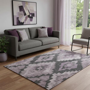 HomeRoots 8' Modern Ikat Washable Round Rug in Lavender & Gray - UV Resistant, Stain-Proof, Easy-Care Design 707230