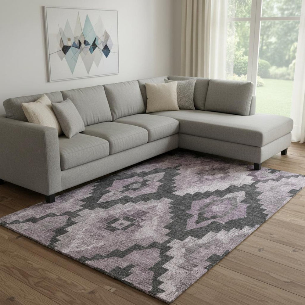 HomeRoots 9' X 12' Stylish Lavender & Gray Ikat Washable Area Rug with UV Protection for High-Traffic Spaces 707232