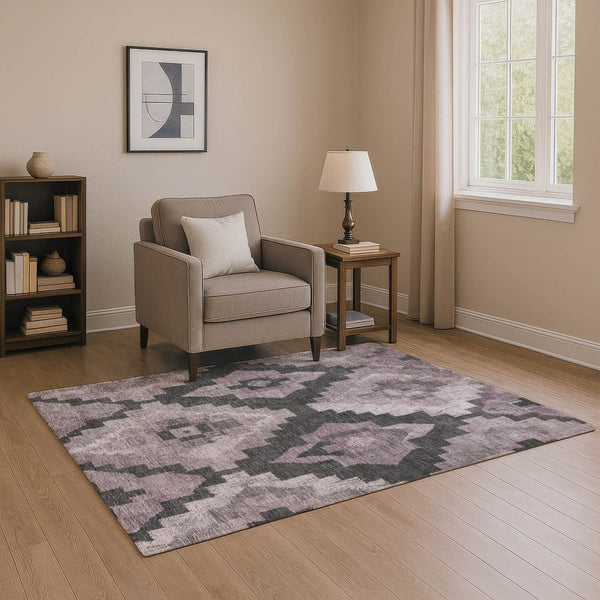 HomeRoots 9' X 12' Stylish Lavender & Gray Ikat Washable Area Rug with UV Protection for High-Traffic Spaces 707232