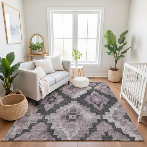 HomeRoots 9' X 12' Stylish Lavender & Gray Ikat Washable Area Rug with UV Protection for High-Traffic Spaces 707232