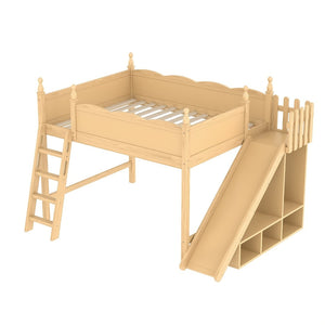 English Elm Queen Solid Pine Loft Bed with Wardrobe Shelves Detachable Slide and Dual Sleeping Zones Natural W5305S00027