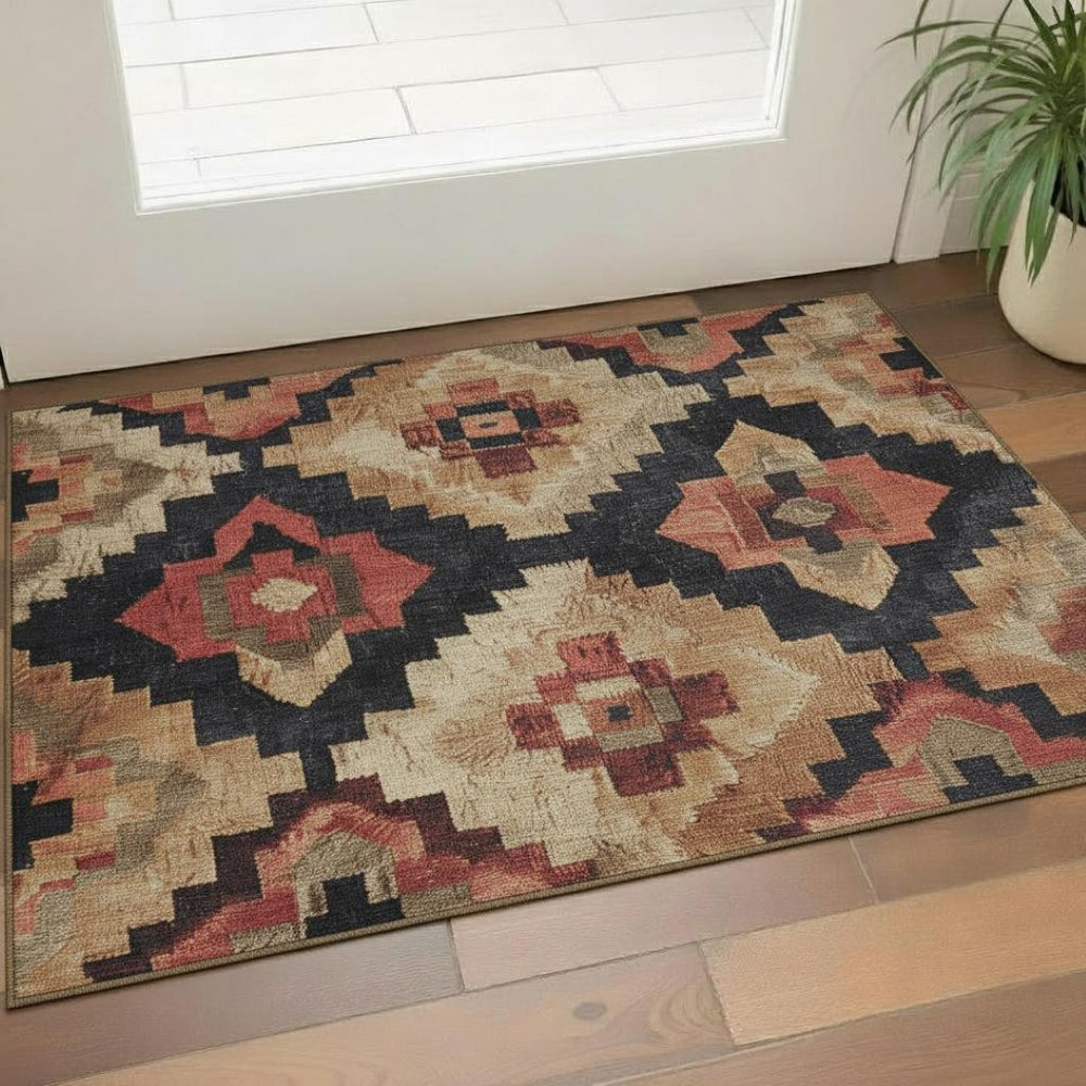 HomeRoots 5' X 8' Stylish Rust Beige Charcoal Ikat Area Rug - Durable, Washable, UV-Protected & Non-Slip 707235
