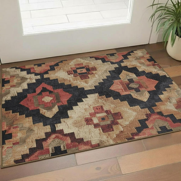 HomeRoots 5' X 8' Stylish Rust Beige Charcoal Ikat Area Rug - Durable, Washable, UV-Protected & Non-Slip 707235