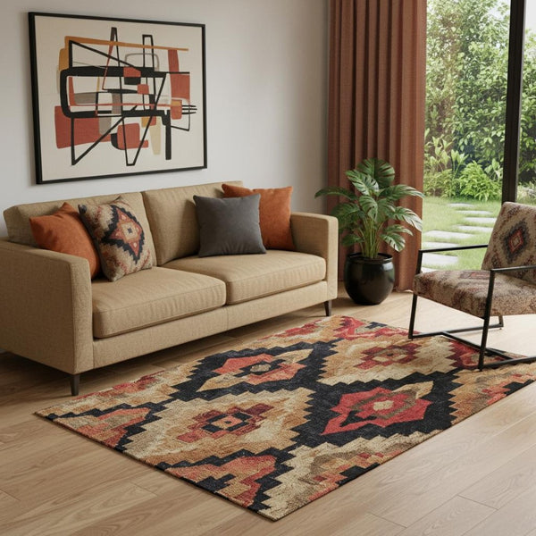 HomeRoots 8' Washable Rust Beige and Charcoal Ikat Round Rug with UV Protection - Stylish, Durable, Ideal for Homes 707236