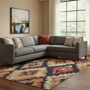 HomeRoots 9' X 12' Washable Ikat Area Rug in Rust Beige & Charcoal - Durable, UV Protected & Stylish! 707238