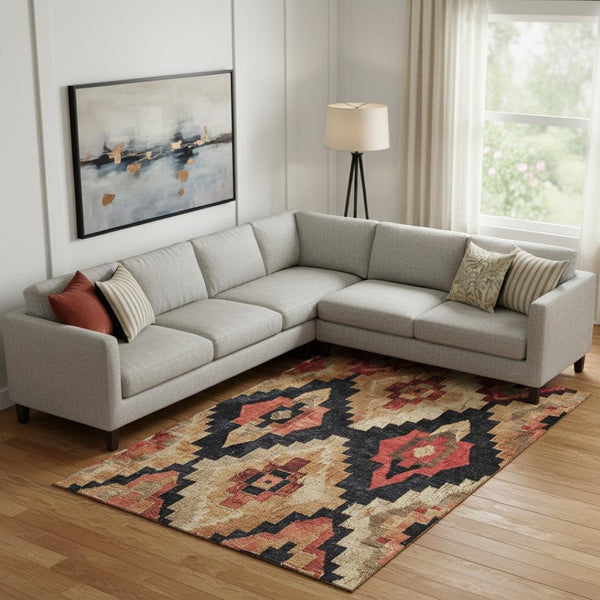 HomeRoots 10' X 14' Ikat Area Rug in Rust, Beige & Charcoal - Washable, UV Protected, Durable & Stylish! 707239