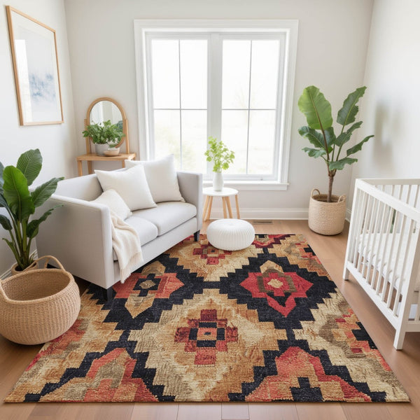 HomeRoots 10' X 14' Ikat Area Rug in Rust, Beige & Charcoal - Washable, UV Protected, Durable & Stylish! 707239