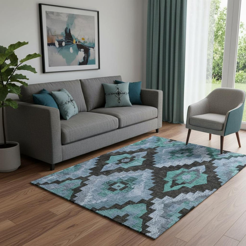 HomeRoots 8' Teal And Charcoal Ikat Washable Round Rug with UV Protection for Stylish, High-Traffic Spaces 707242