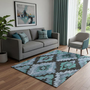 HomeRoots 8' Teal And Charcoal Ikat Washable Round Rug with UV Protection for Stylish, High-Traffic Spaces 707242