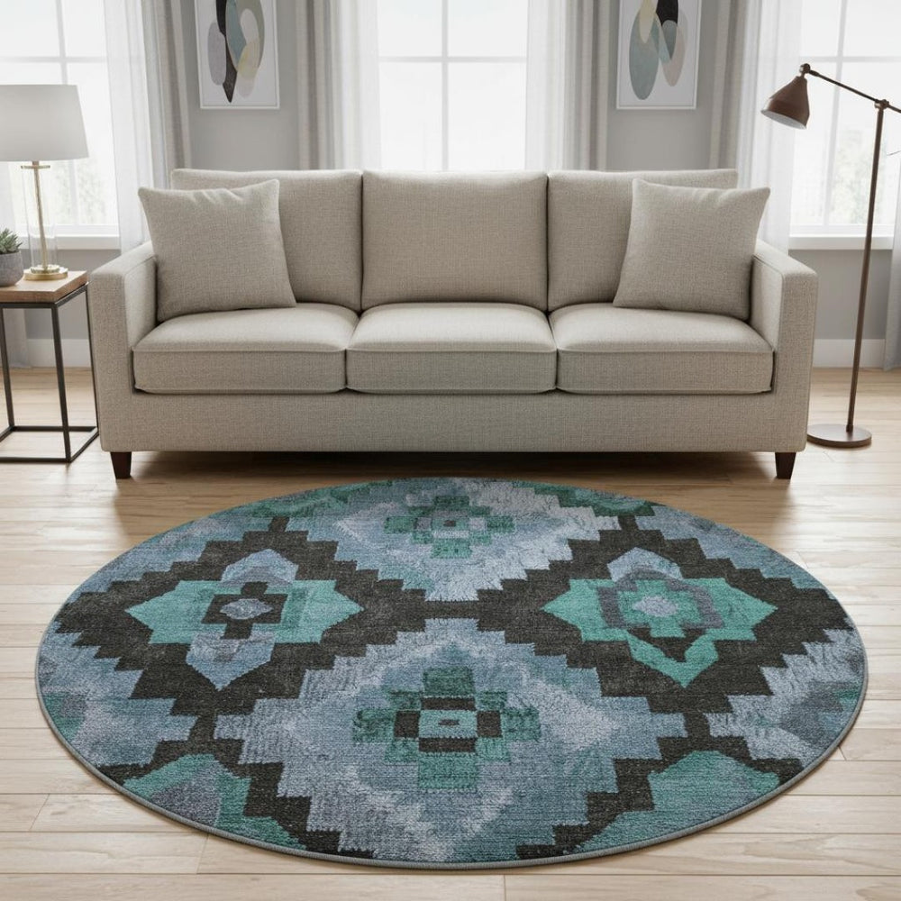 HomeRoots 8' X 10' Stylish Teal and Charcoal Ikat Washable Area Rug with UV Protection for Busy Homes 707243