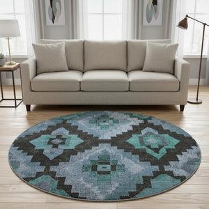 HomeRoots 8' X 10' Stylish Teal and Charcoal Ikat Washable Area Rug with UV Protection for Busy Homes 707243