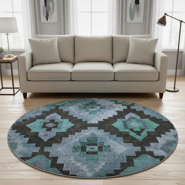 HomeRoots 8' X 10' Stylish Teal and Charcoal Ikat Washable Area Rug with UV Protection for Busy Homes 707243