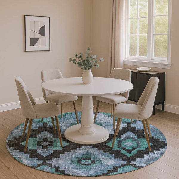 HomeRoots 8' X 10' Stylish Teal and Charcoal Ikat Washable Area Rug with UV Protection for Busy Homes 707243