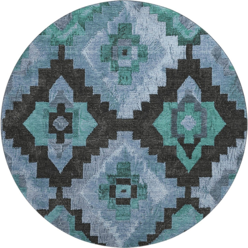 HomeRoots 8' X 10' Stylish Teal and Charcoal Ikat Washable Area Rug with UV Protection for Busy Homes 707243
