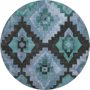 HomeRoots 8' X 10' Stylish Teal and Charcoal Ikat Washable Area Rug with UV Protection for Busy Homes 707243