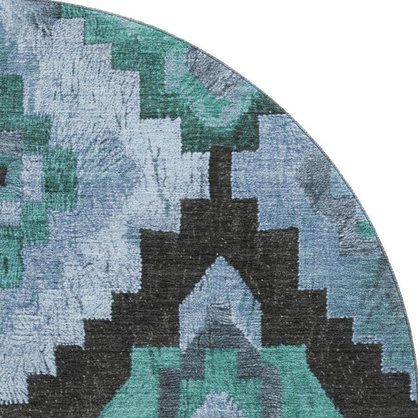 HomeRoots 8' X 10' Stylish Teal and Charcoal Ikat Washable Area Rug with UV Protection for Busy Homes 707243