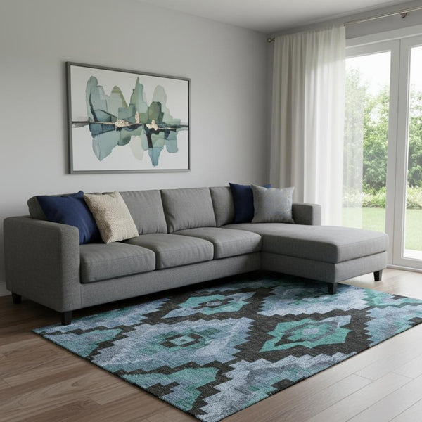 HomeRoots 9' X 12' Teal & Charcoal Ikat Area Rug – Durable, Washable, UV-Protected, Perfect for Busy Homes! 707244