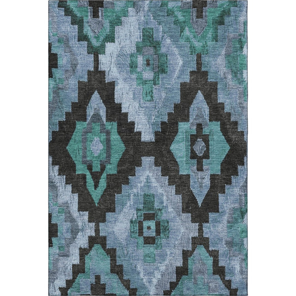HomeRoots 9' X 12' Teal & Charcoal Ikat Area Rug – Durable, Washable, UV-Protected, Perfect for Busy Homes! 707244