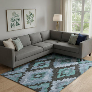 HomeRoots 10' X 14' Teal & Charcoal Ikat Washable Area Rug - UV Protected, Stain Resistant for Active Homes 707245