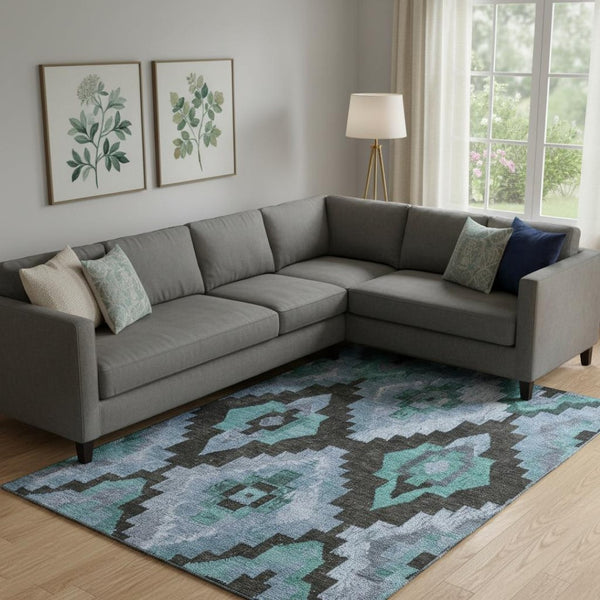 HomeRoots 10' X 14' Teal & Charcoal Ikat Washable Area Rug - UV Protected, Stain Resistant for Active Homes 707245