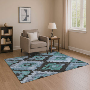 HomeRoots 10' X 14' Teal & Charcoal Ikat Washable Area Rug - UV Protected, Stain Resistant for Active Homes 707245