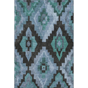 HomeRoots 10' X 14' Teal & Charcoal Ikat Washable Area Rug - UV Protected, Stain Resistant for Active Homes 707245