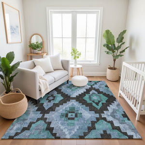 HomeRoots 10' X 14' Teal & Charcoal Ikat Washable Area Rug - UV Protected, Stain Resistant for Active Homes 707245