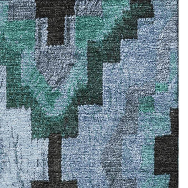 HomeRoots 10' X 14' Teal & Charcoal Ikat Washable Area Rug - UV Protected, Stain Resistant for Active Homes 707245