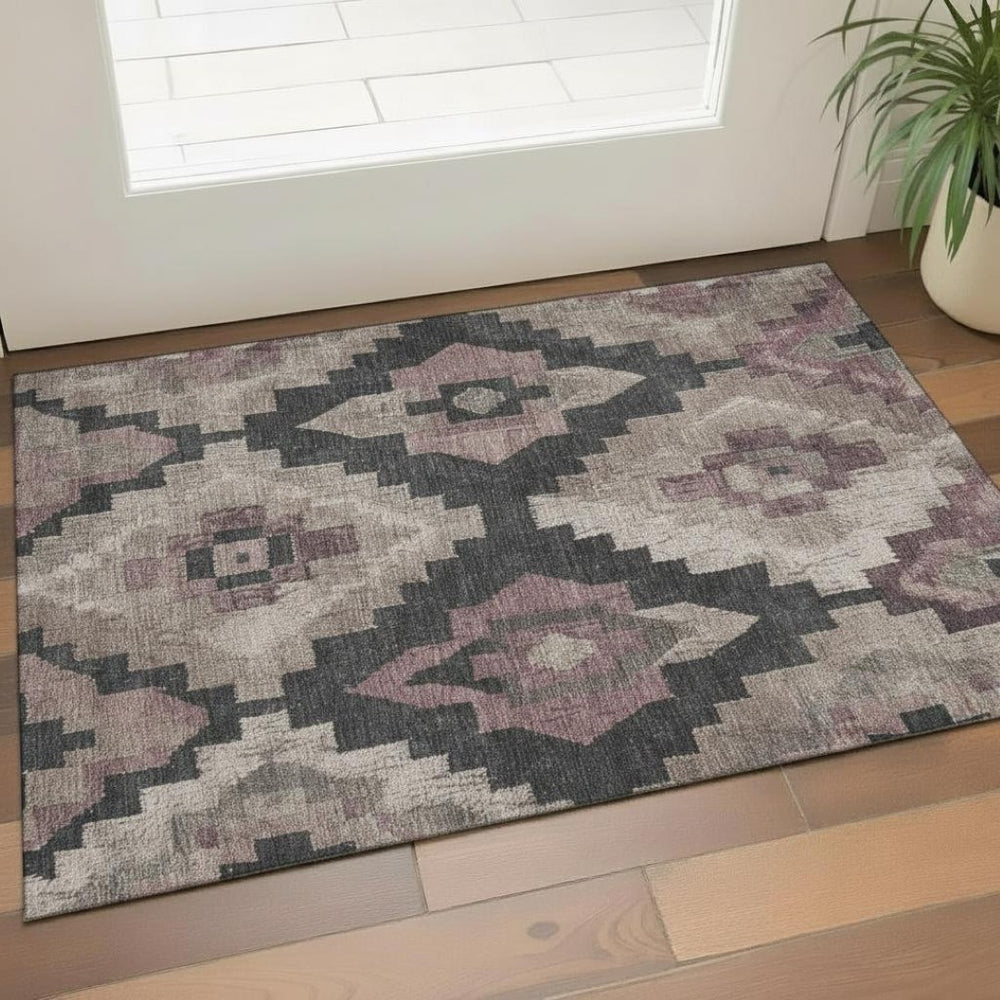 HomeRoots 5' X 8' Versatile Taupe & Charcoal Ikat Area Rug - Washable, Stain-Resistant & UV Protected! 707247