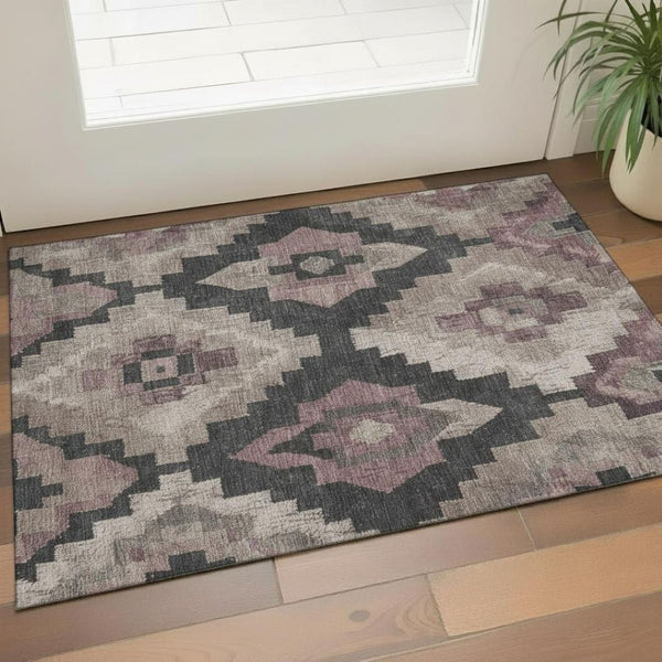 HomeRoots 5' X 8' Versatile Taupe & Charcoal Ikat Area Rug - Washable, Stain-Resistant & UV Protected! 707247