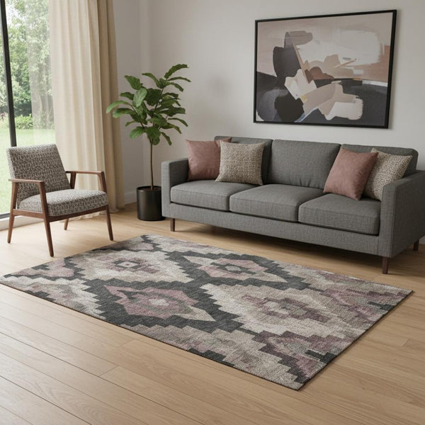 HomeRoots 8' Contemporary Taupe and Charcoal Ikat Washable Round Rug - UV Protection, Durable & Easy-Care Design 707248