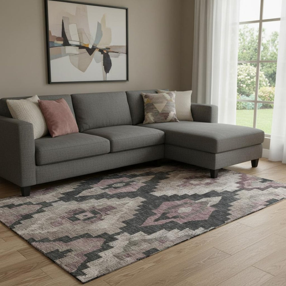 HomeRoots 9' X 12' Taupe and Charcoal Ikat Washable Area Rug - UV Protected, Stain Resistant, Perfect for Homes 707250