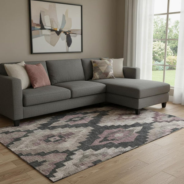 HomeRoots 9' X 12' Taupe and Charcoal Ikat Washable Area Rug - UV Protected, Stain Resistant, Perfect for Homes 707250