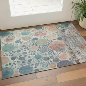 HomeRoots 5' X 8' Denim Blue, Peach & Ivory Geometric Washable Area Rug - UV Protected & Easy-Care Design! 707253