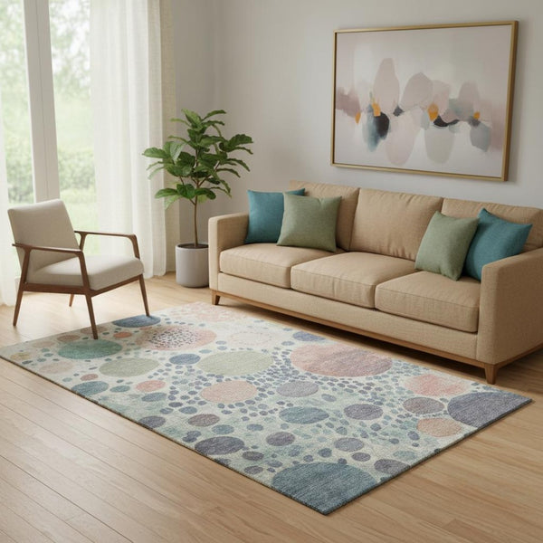 HomeRoots 8' Durable Denim Blue, Peach & Ivory Geometric Washable Round Rug with UV Protection & Stain Resistance 707254